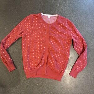 Giordano Women's Large Red Cardigan Polka Dots Button Cotton Crewneck